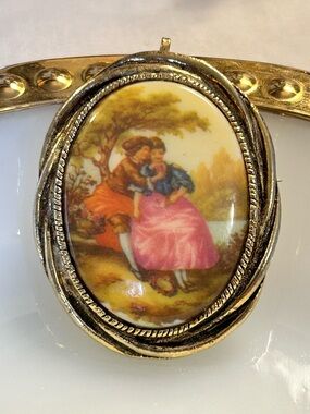 Vintage porcelain brooch “Courting Couple” gold tone, Victorian Limoges Style